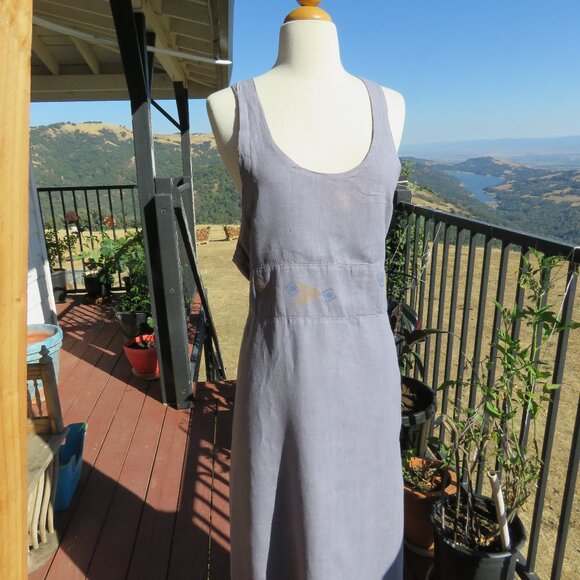 BLUE FISH CLOTHING 100% LINEN SLEEVELESS BLUE JUMPER DRESS SIZE 1/16 MADE IN USA